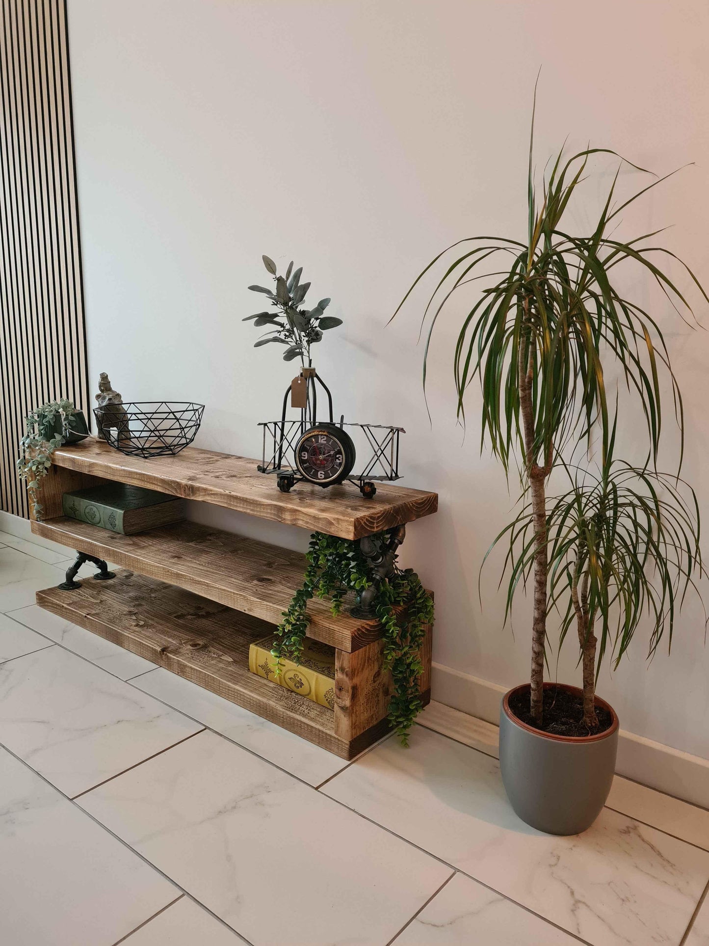 Rustic Handmade TV Unit with 3 Shelves – Solid Wood Media Console - DK Fabrications