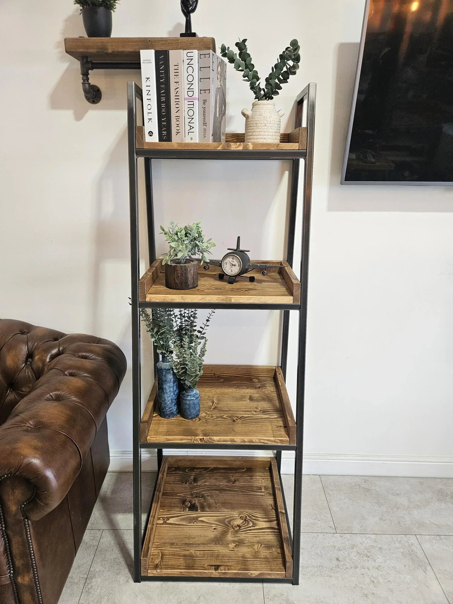Industrial Bookshelf – Metal & Wood Ladder Shelf for Storage & Display - DK Fabrications