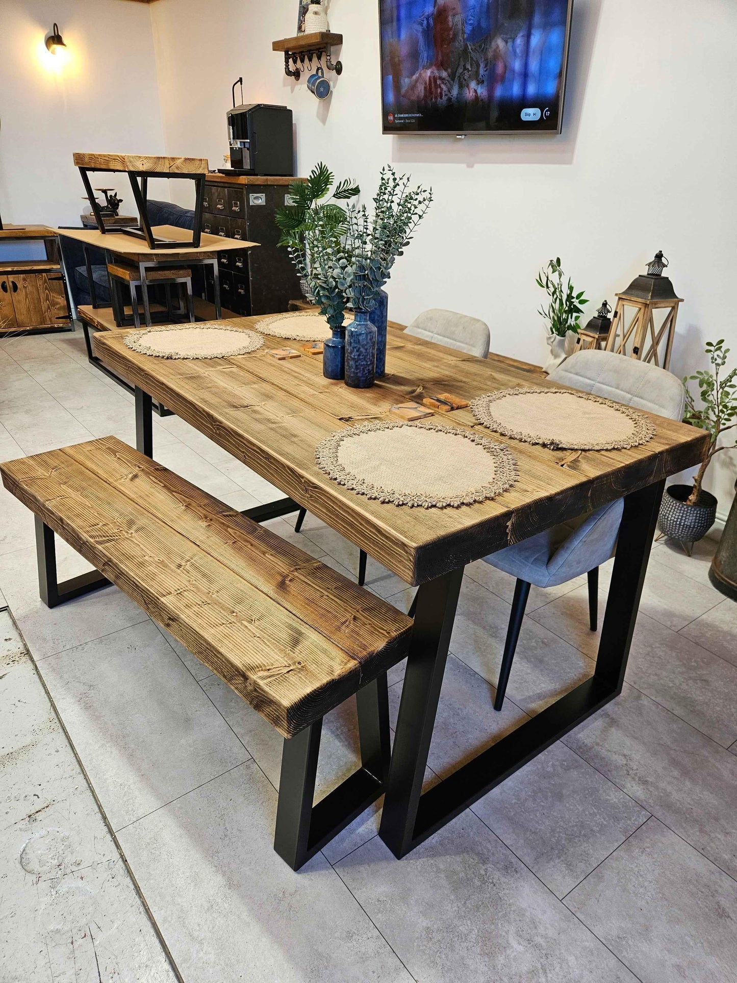 Rustic Industrial Dining Table – Trapezoid Leg Wood & Metal Table - DK Fabrications