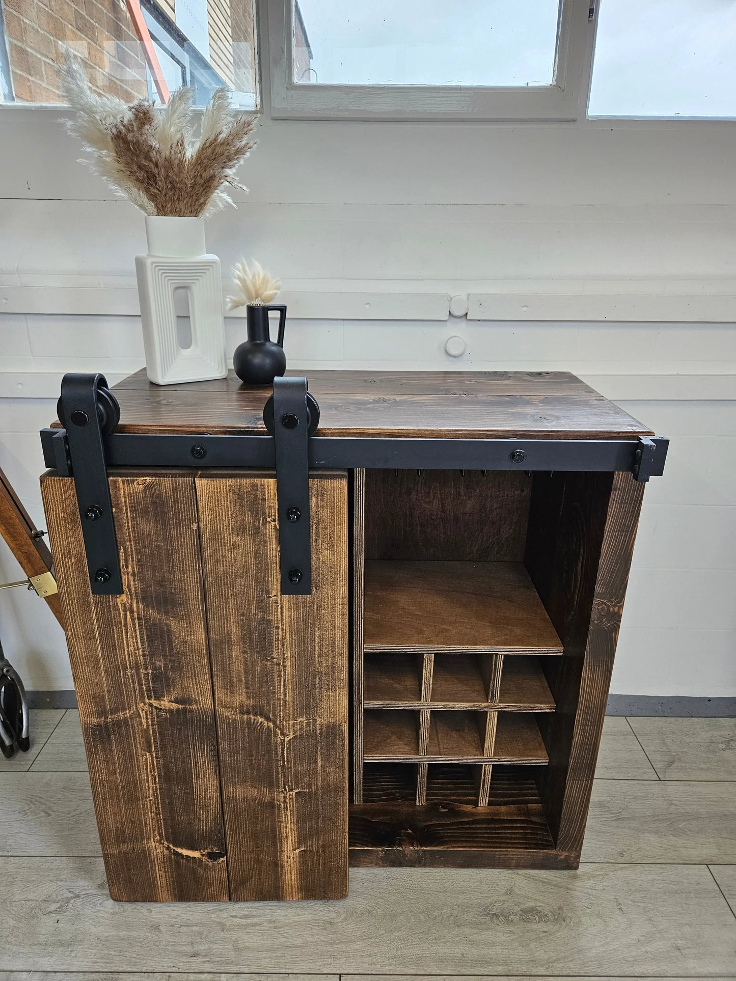 Industrial Drinks Cabinet with Barn-Style Door – Solid Wood & Metal - DK Fabrications
