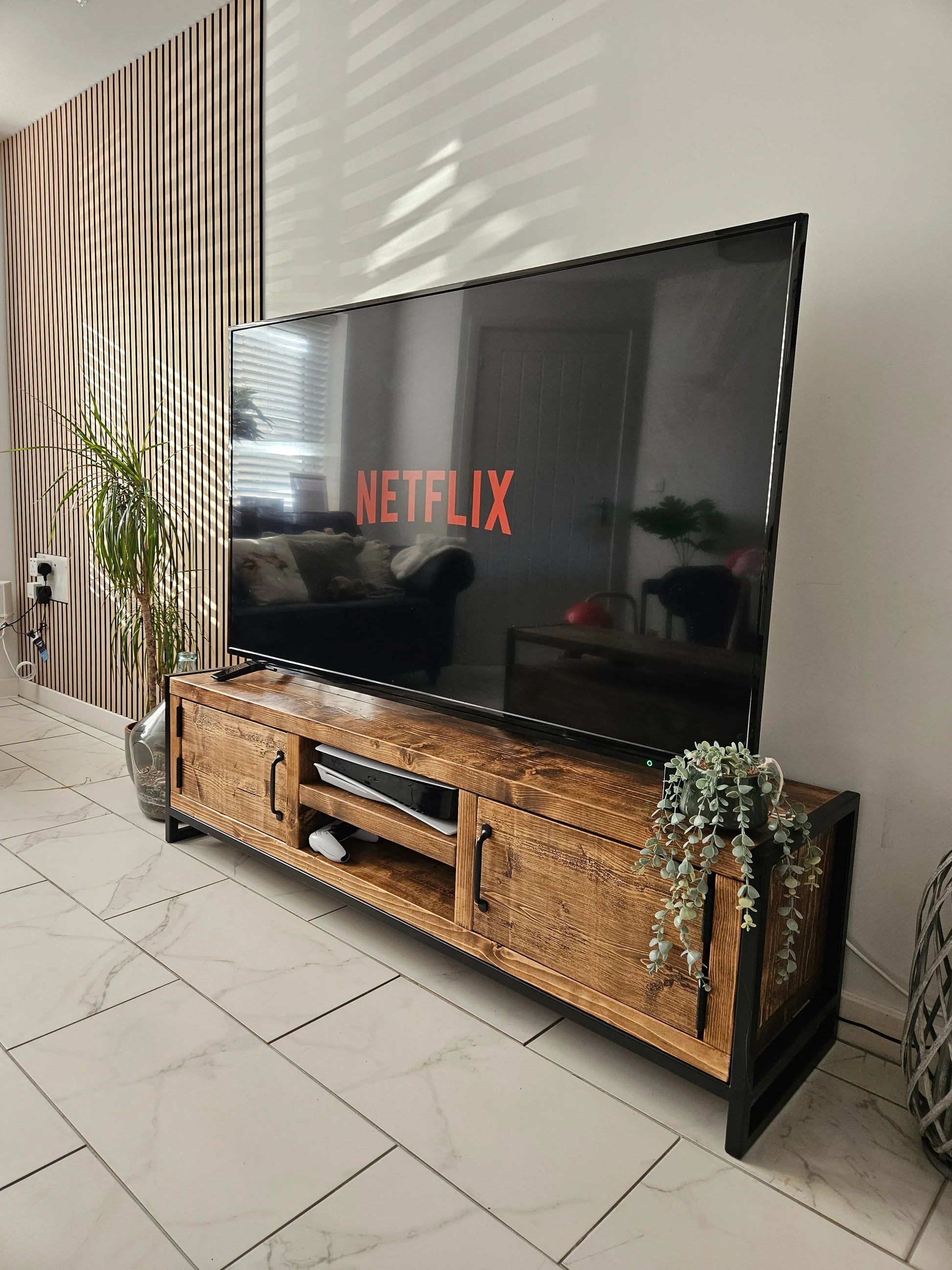 Industrial TV Stand – Metal & Wood Media Console - DK Fabrications