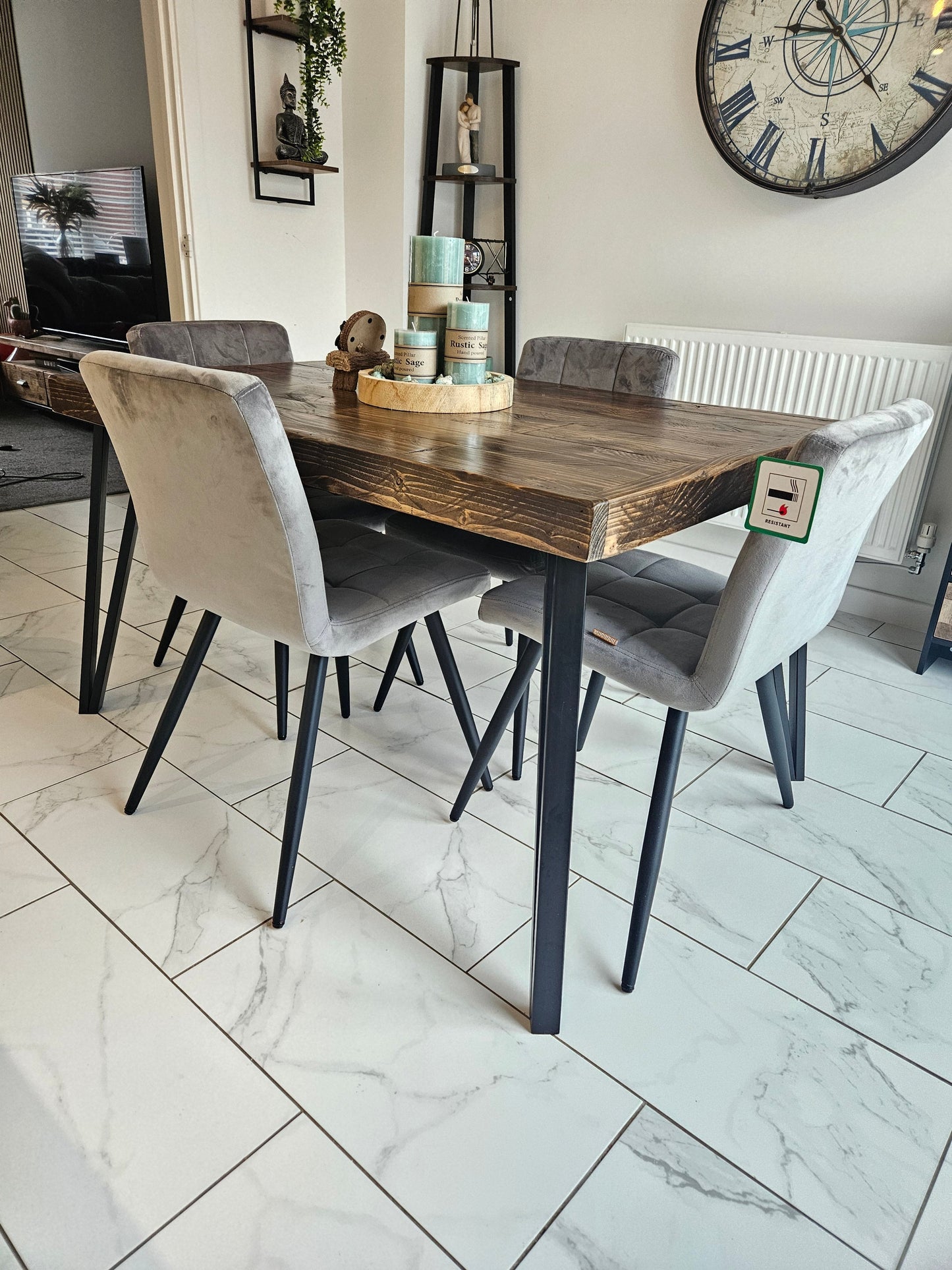 Hairpin style Dining Table with matching bench and 5 chairs (grey)