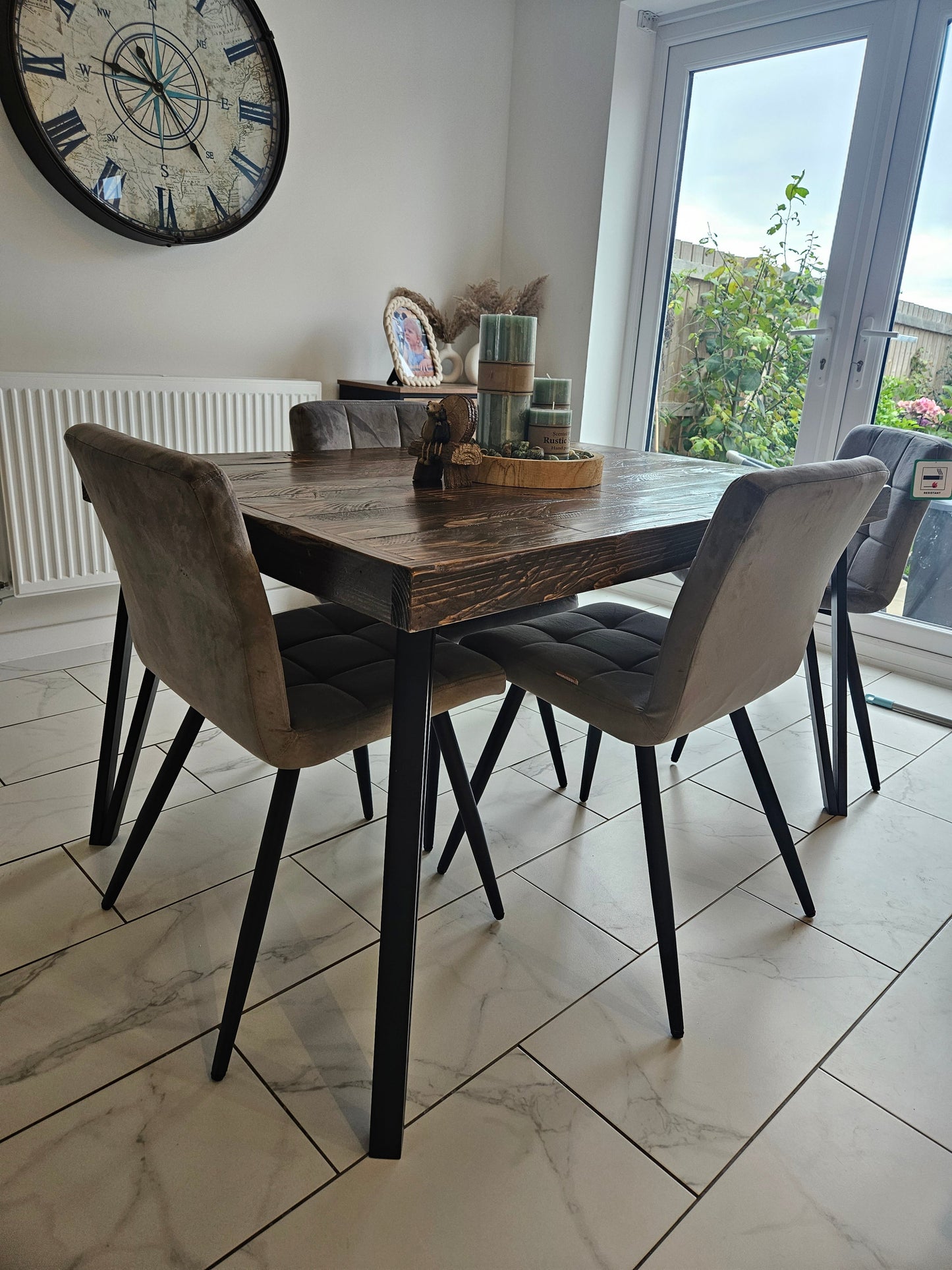 Hairpin style Dining Table with matching bench and 5 chairs (grey)