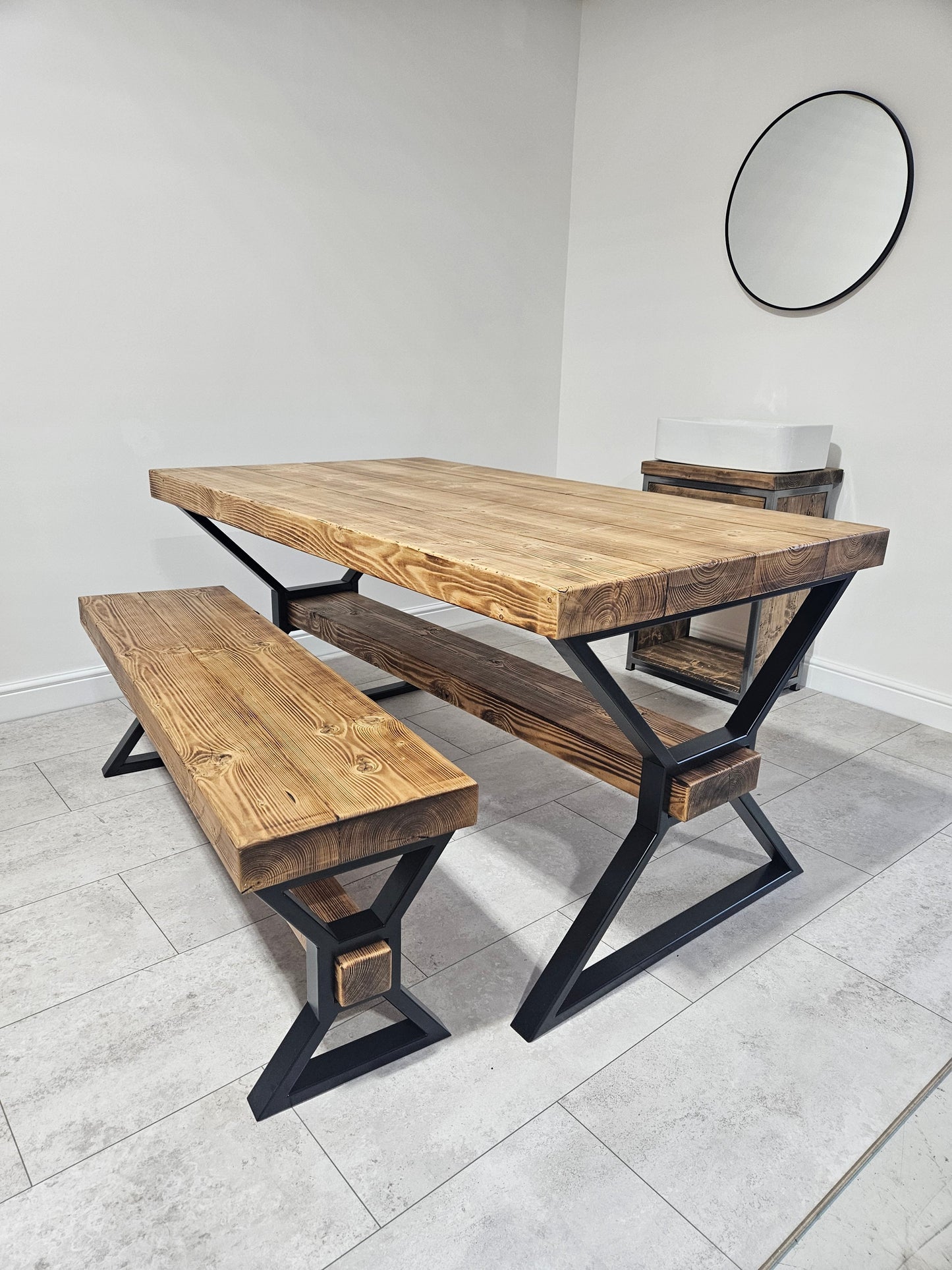 Chunky dining table industrial unique with bench and 2 chairs 180cm