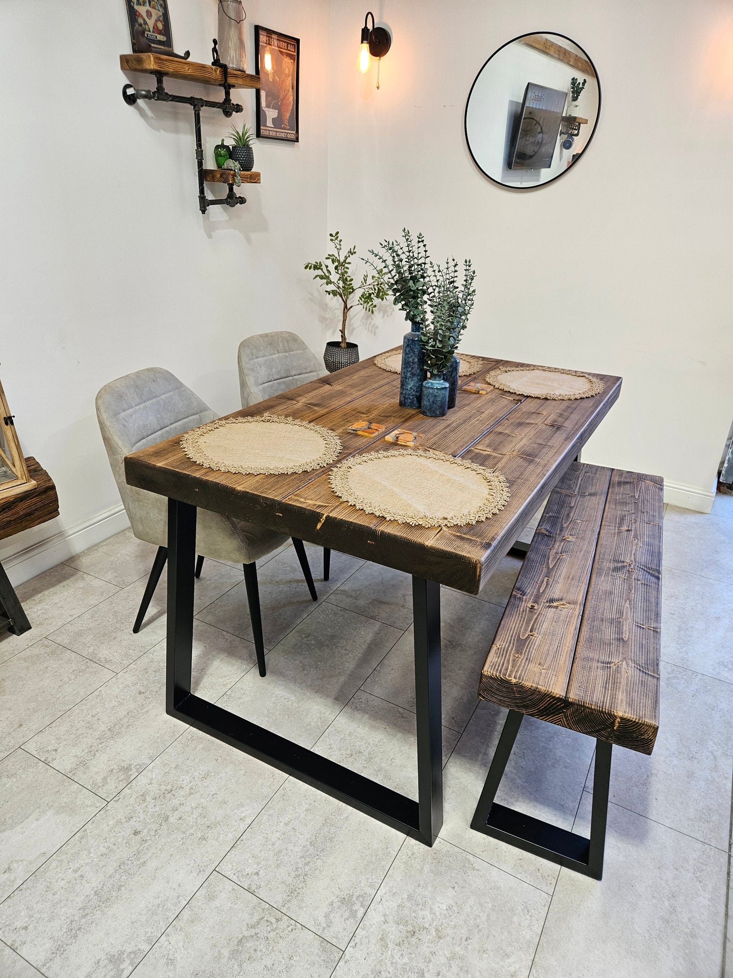 Dining table with bench and 2 chairs