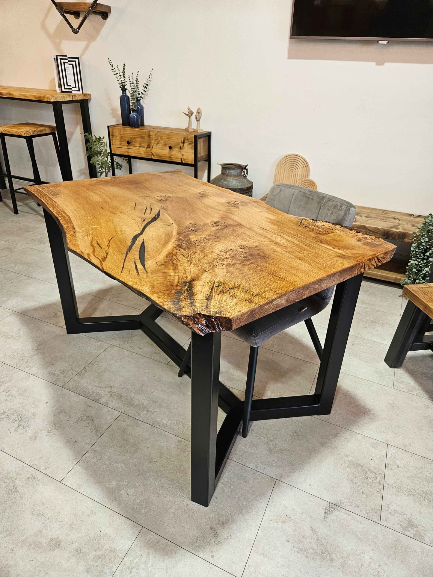 Solid oak live edge dining table and 4 chairs