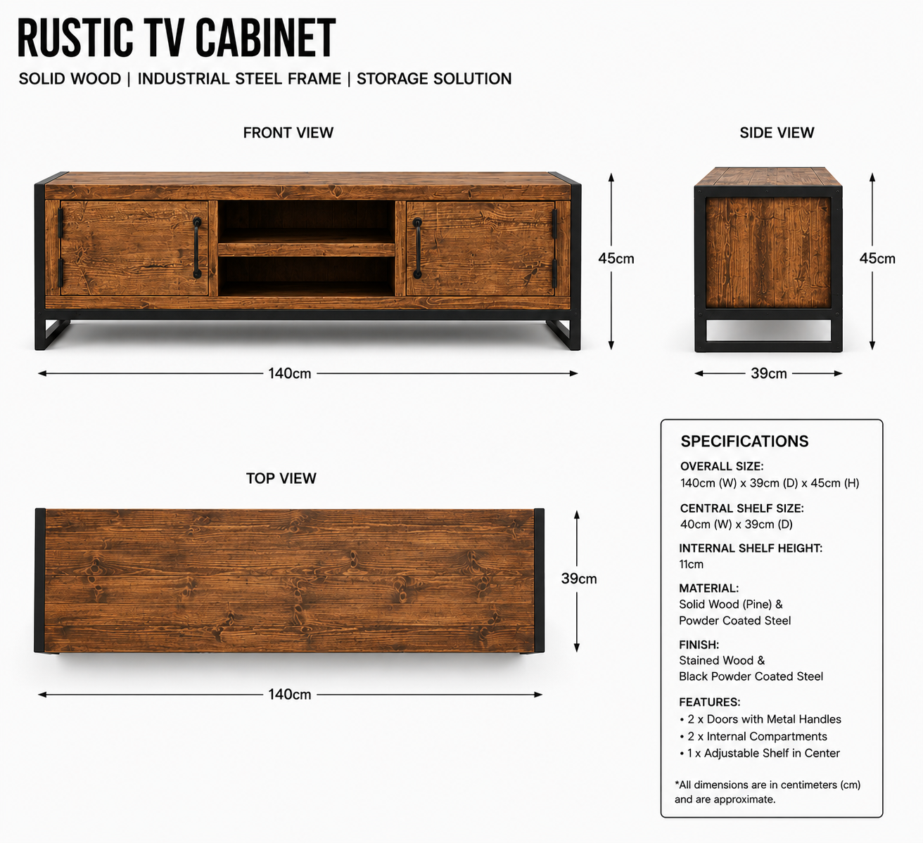 Industrial TV Stand – Metal & Wood Media Console