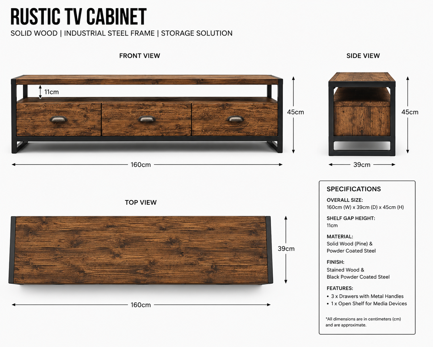 Industrial TV Stand with Drawers – Wood & Metal Media Console