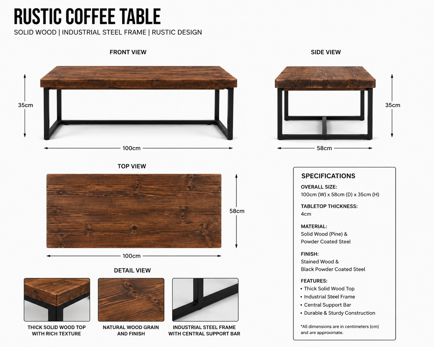 Handmade Rustic Industrial Coffee Table | Solid Wood Top & Steel Legs
