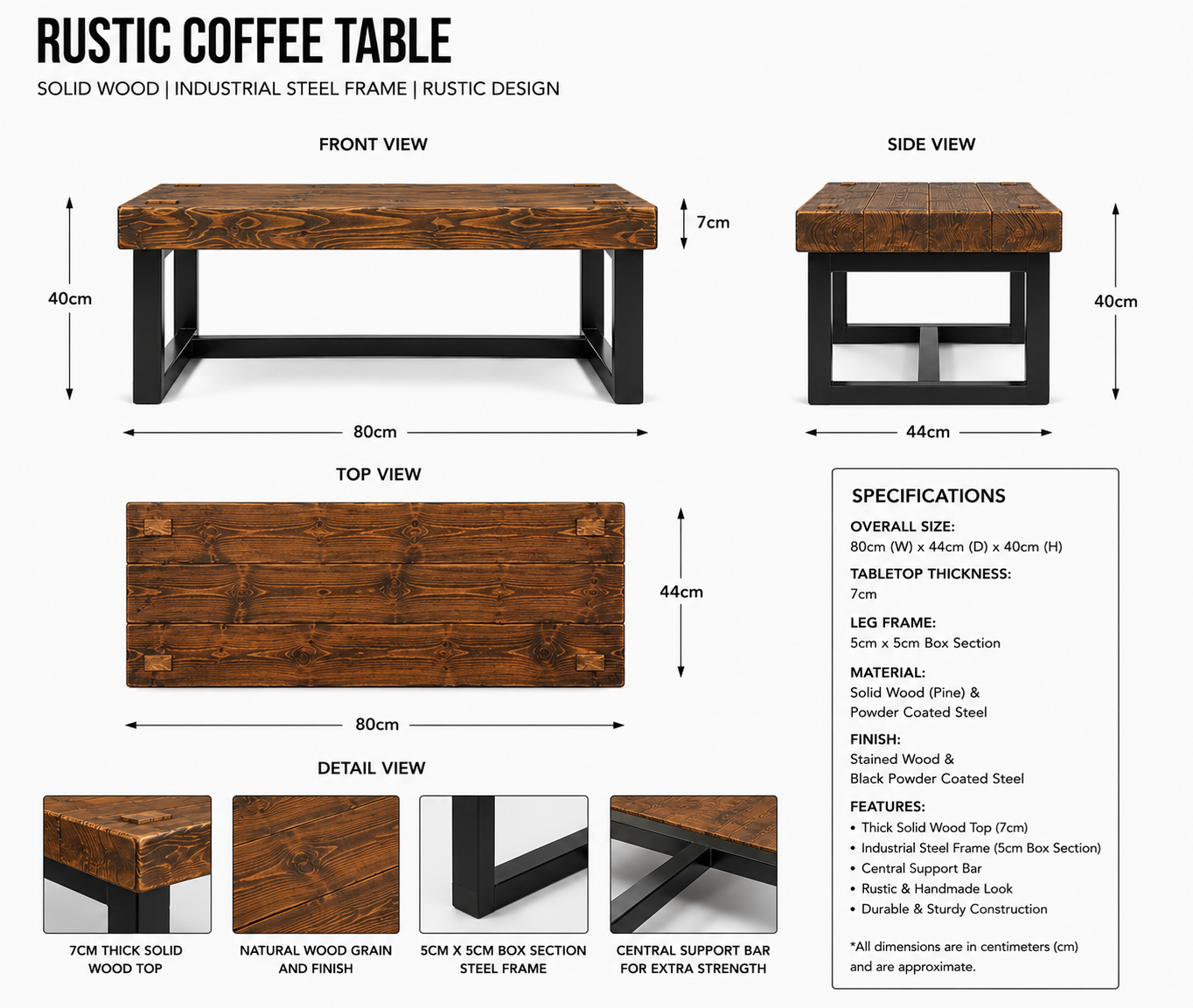 Chunky Industrial Coffee Table – Solid Wood & Metal