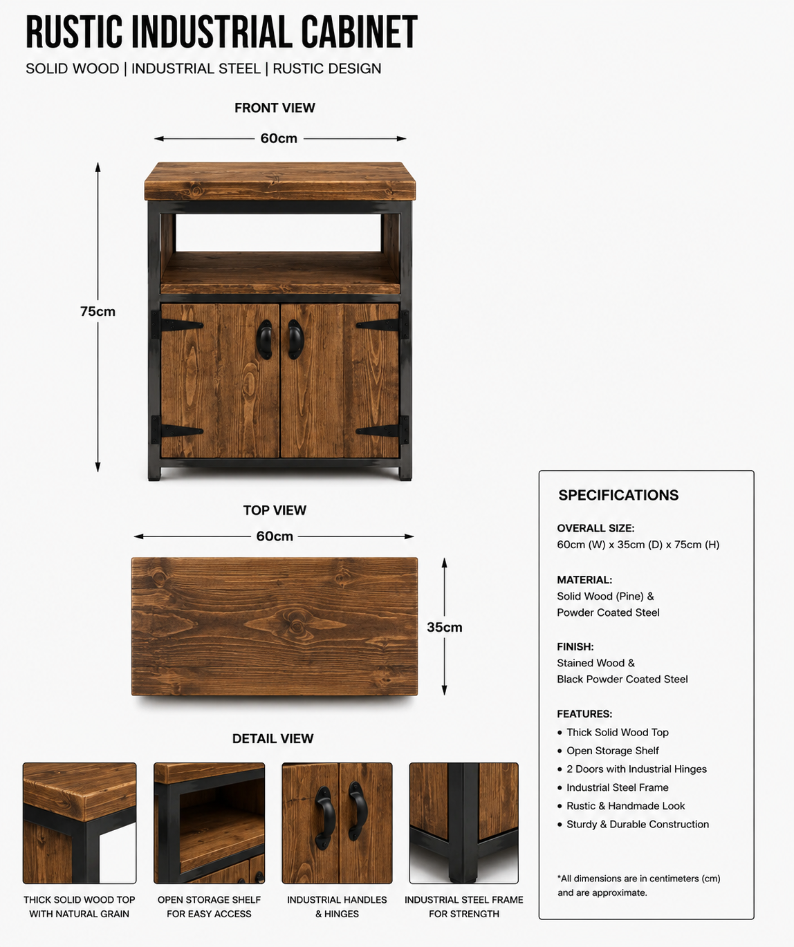 Industrial Rustic Vanity Unit with Cupboard – Solid Wood & Metal