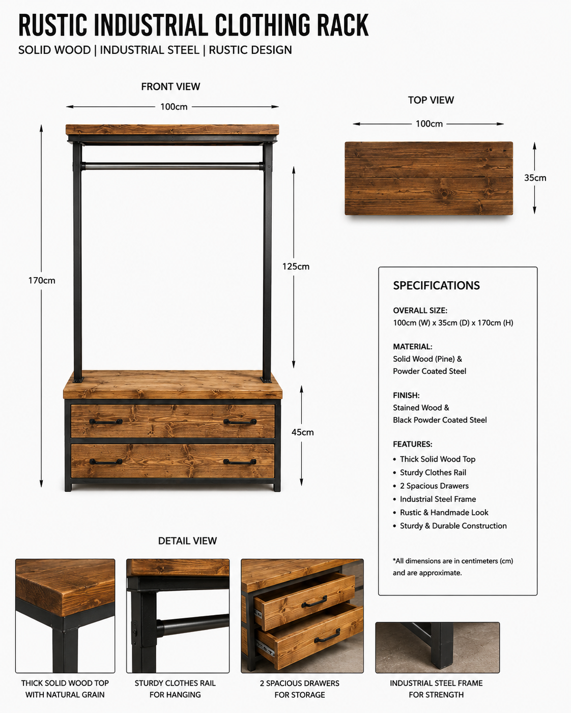 Industrial Rustic Clothes Rail – Solid Wood & Metal