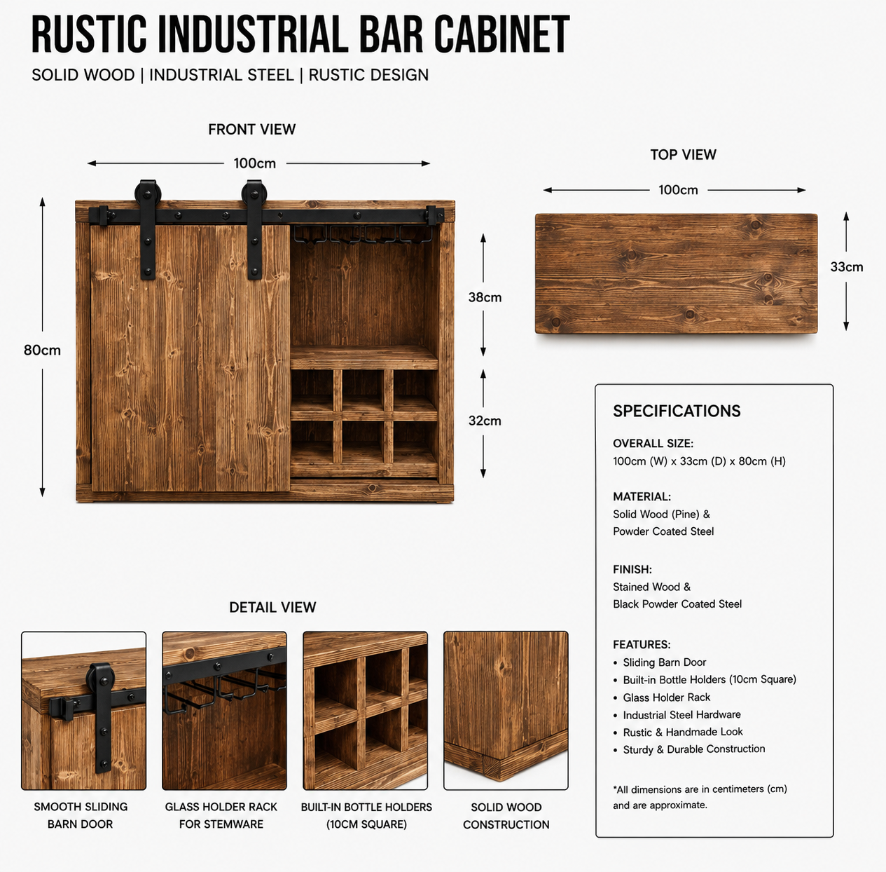 Industrial Drinks Cabinet with Barn-Style Door – Solid Wood & Metal