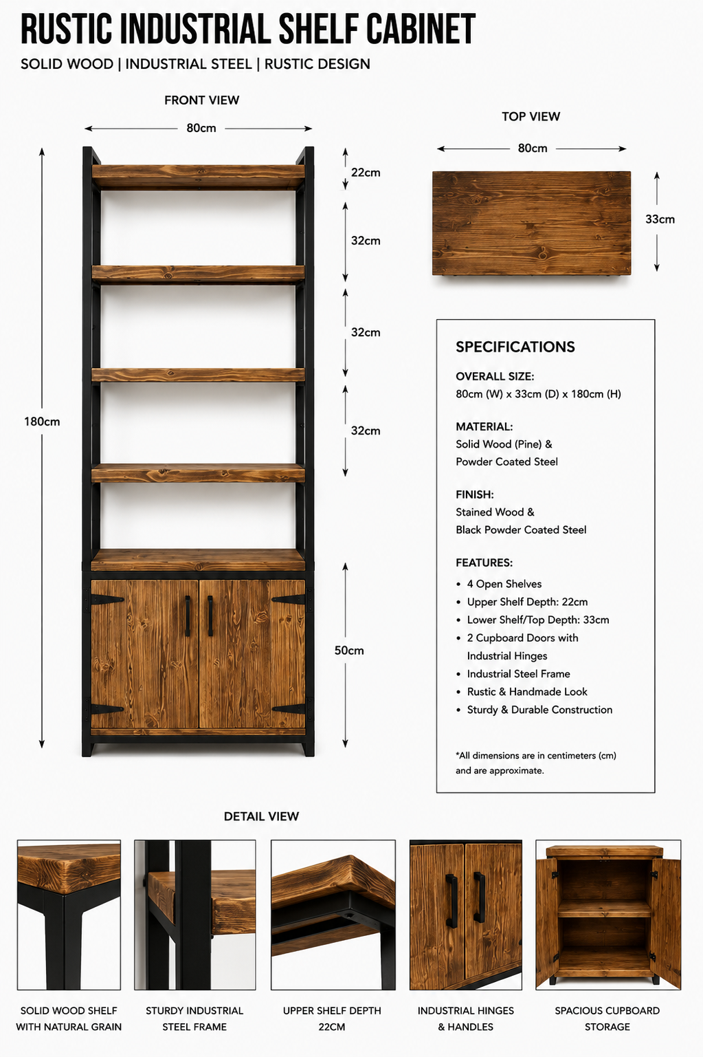 Rustic Industrial Bookshelf – Solid Wood & Metal