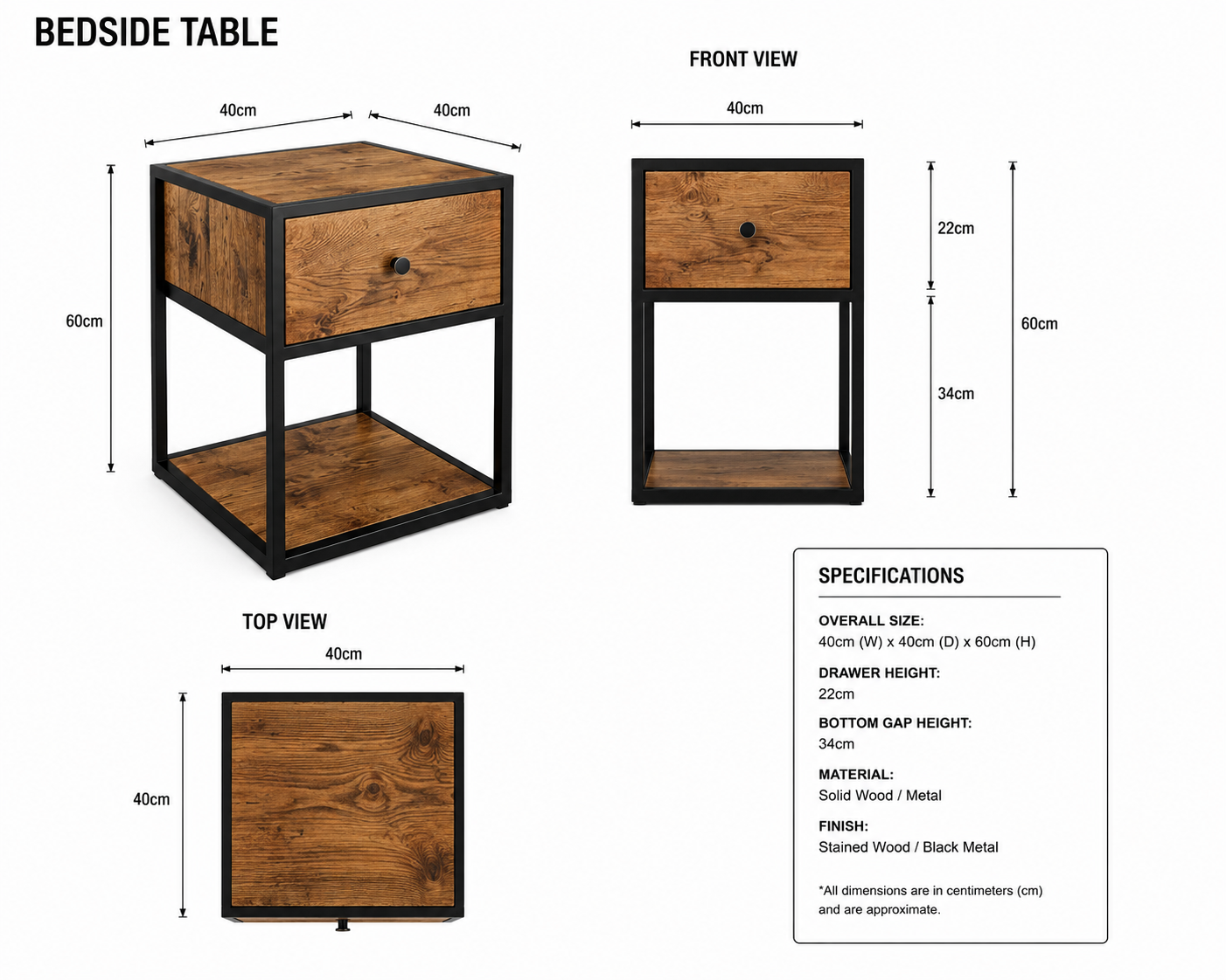 Solid Oak Bedside Table – Handmade Industrial Oak Nightstand