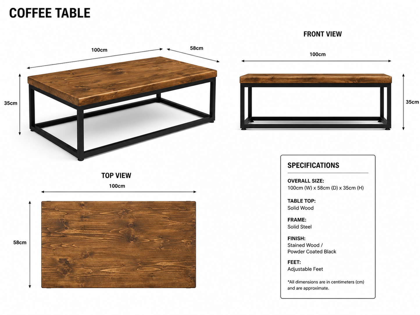 Handmade Industrial Rustic Coffee Table – Solid Wood & Metal