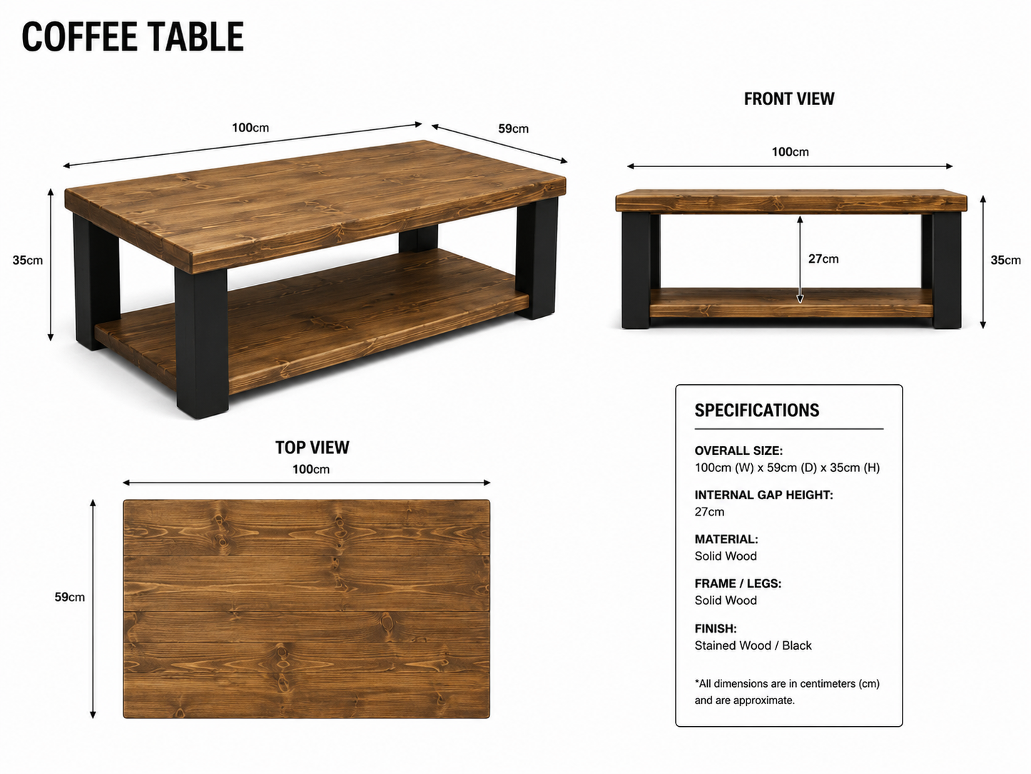 Farmhouse Wooden Coffee Table – Rustic Living Room Table with Storage