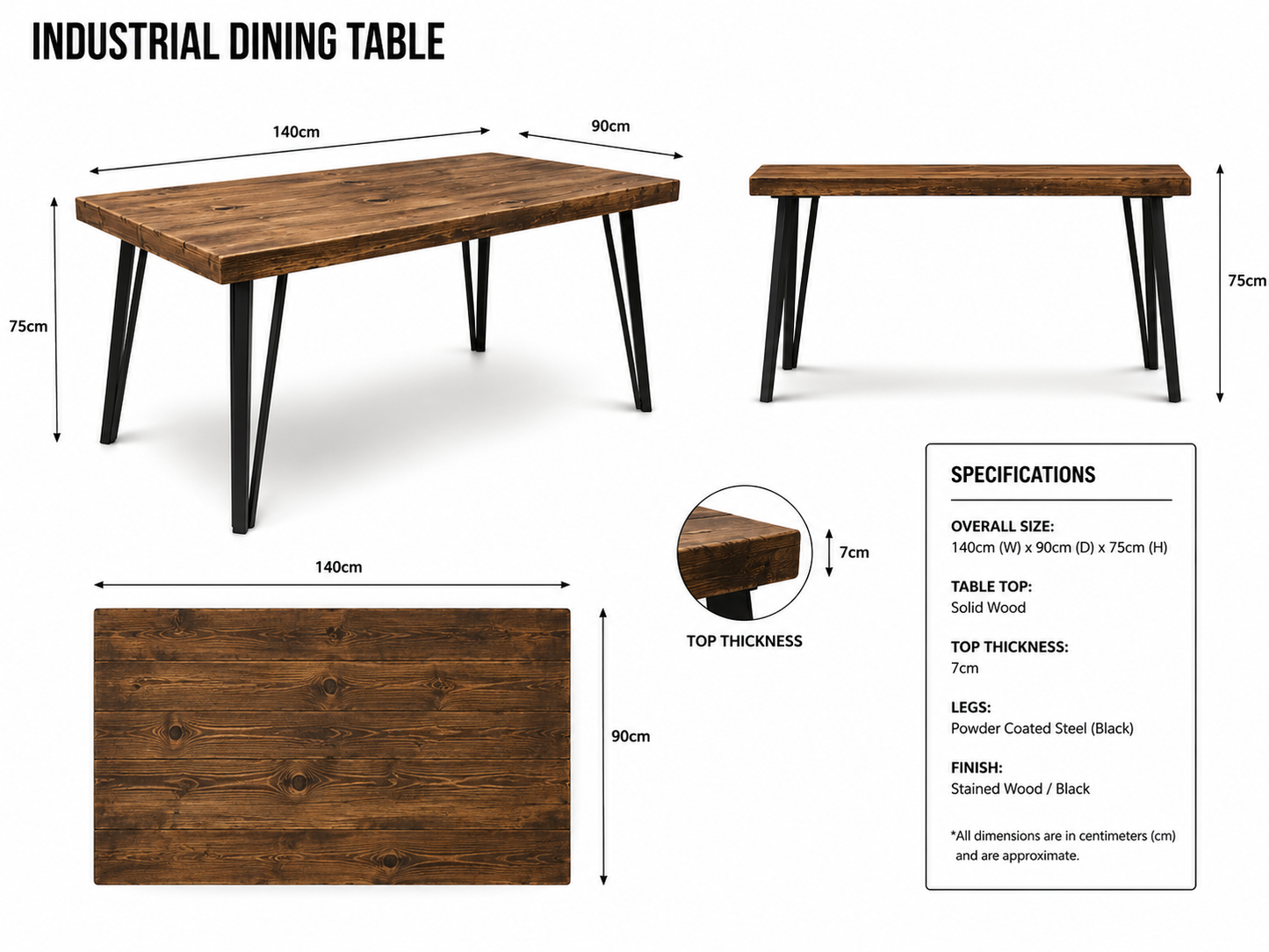 Solid Wood Hairpin Dining Table – Rustic Industrial Style