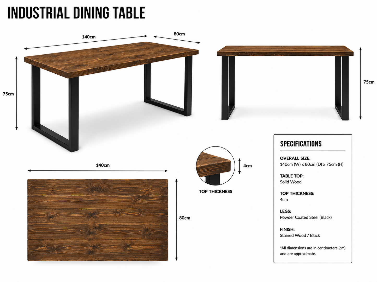 Solid Wood Dining Table 140cm – Rustic Industrial Table with Steel Legs