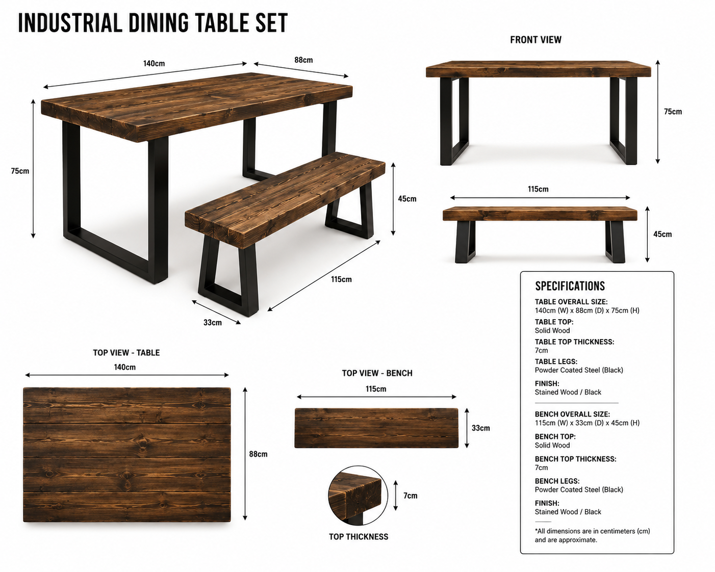 Rustic Industrial Dining Table – Trapezoid Leg Wood & Metal Table