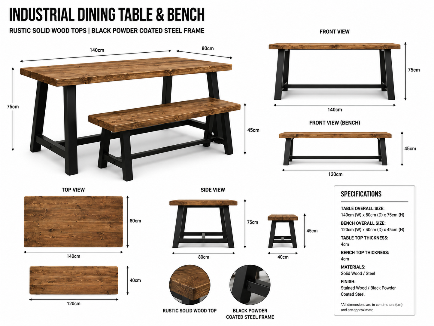 Rustic A-Frame Dining Table UK – Solid Wood & Steel Handmade | UK Made - DK Fabrications
