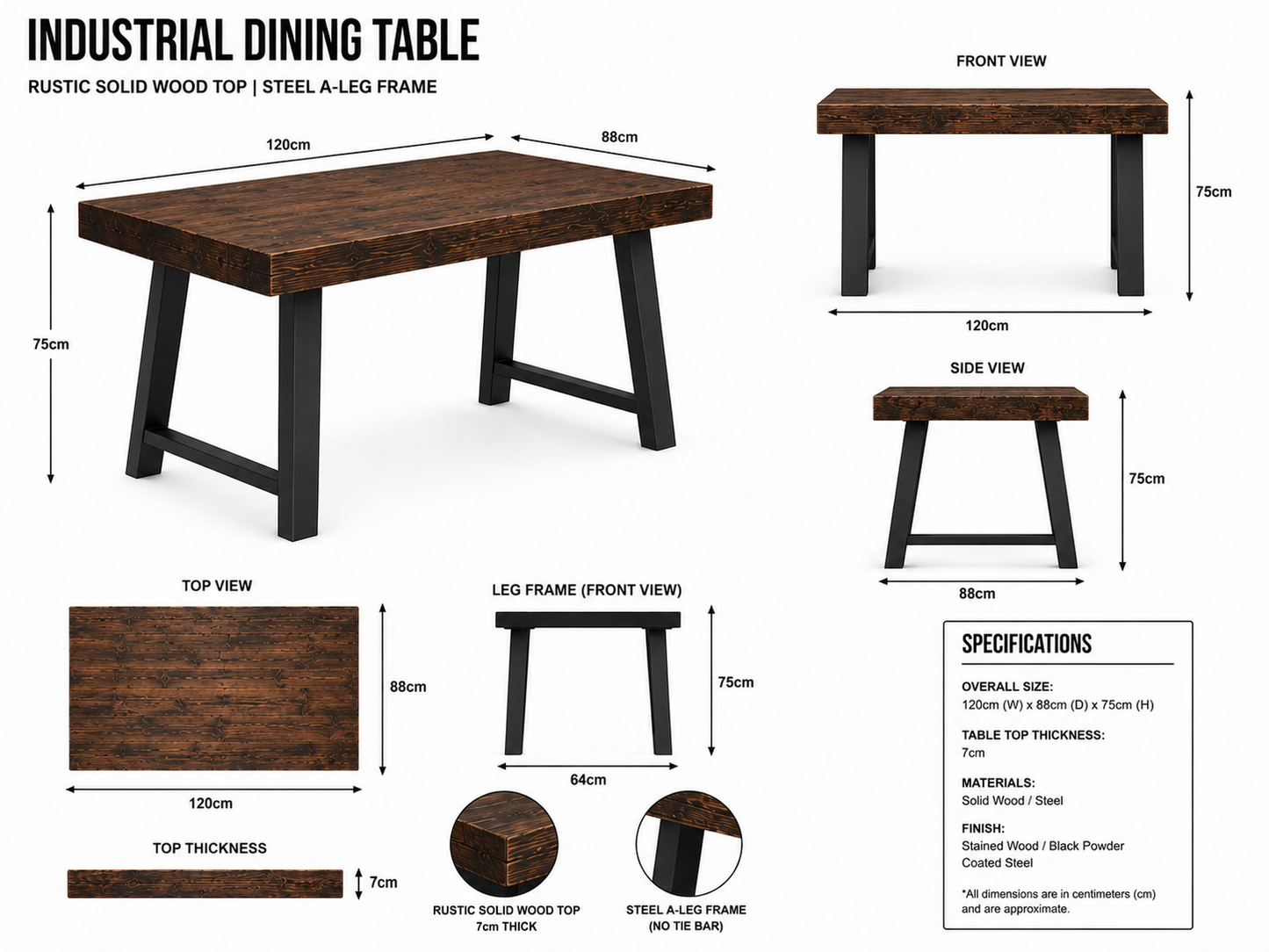 Chunky Industrial Dining Table with A-Frame Legs – Solid Wood & Metal