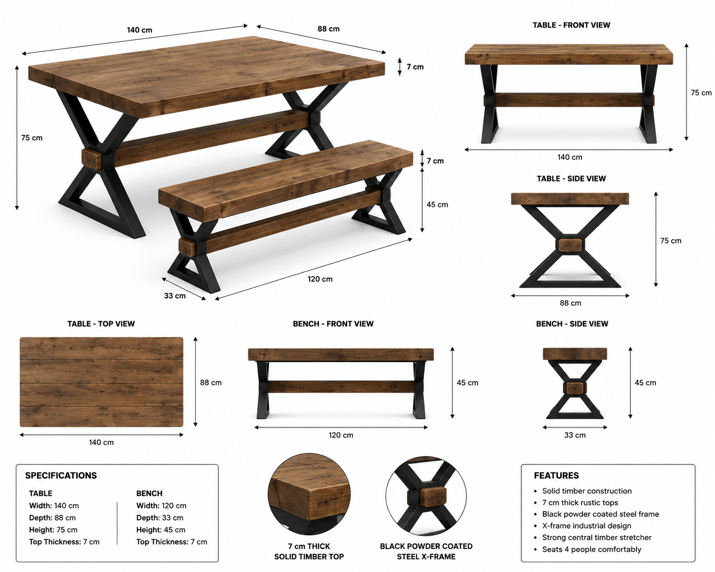 Chunky Solid Wood Dining Table – Rustic Farmhouse Style