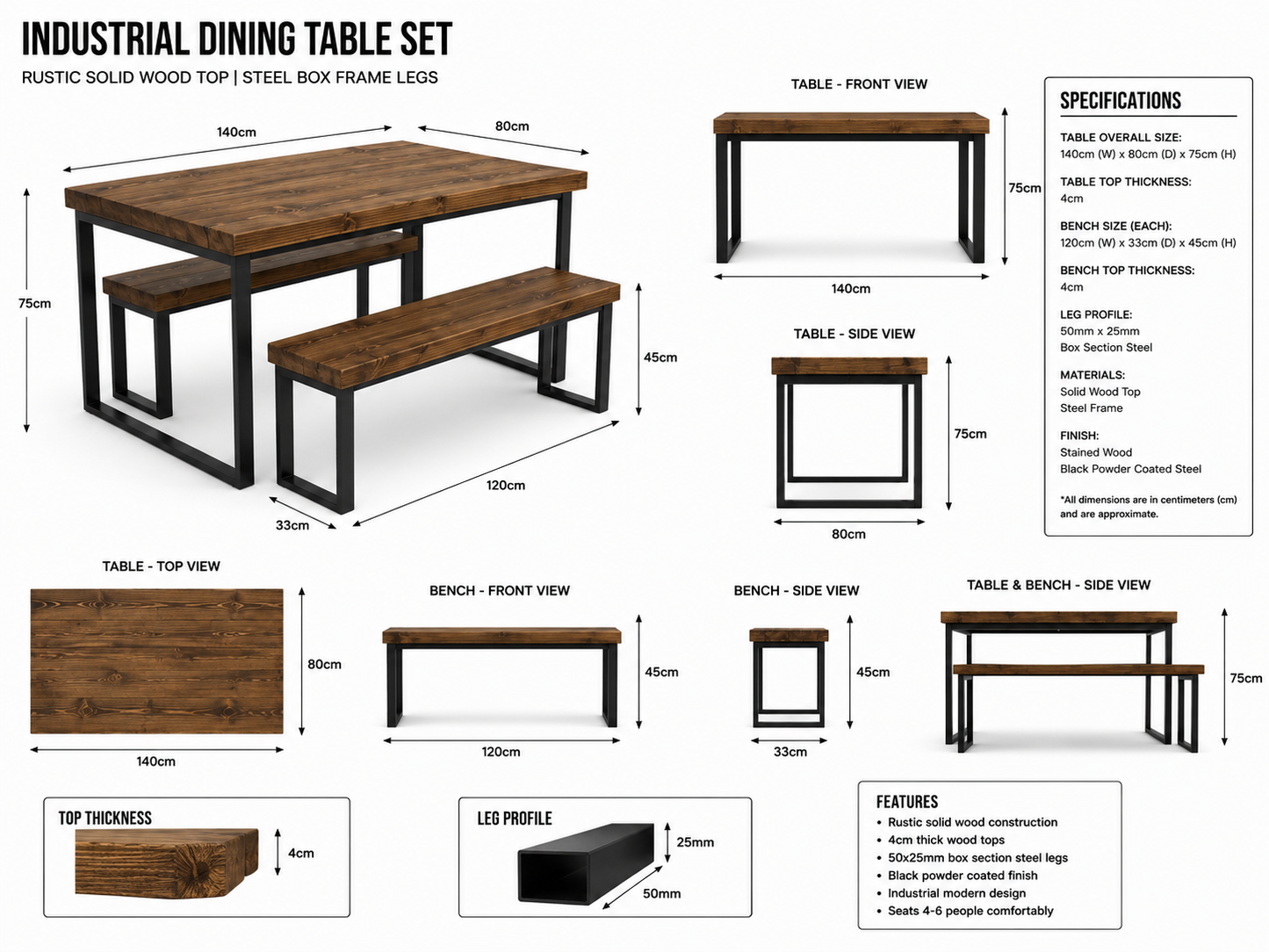 Rustic Dining Table with Square Steel Legs – Solid Wood & Metal