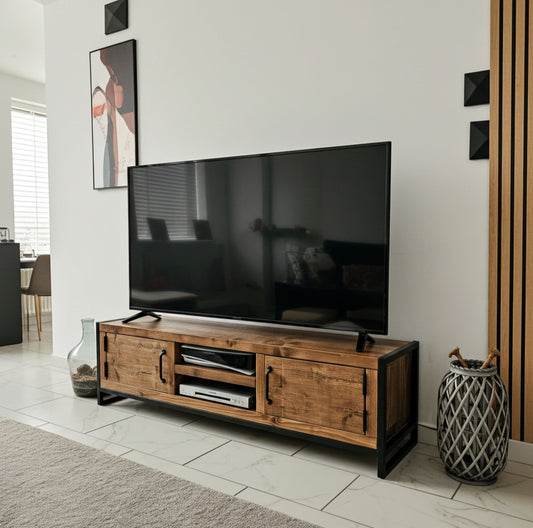 Industrial TV stand with wood top and metal frame in living room