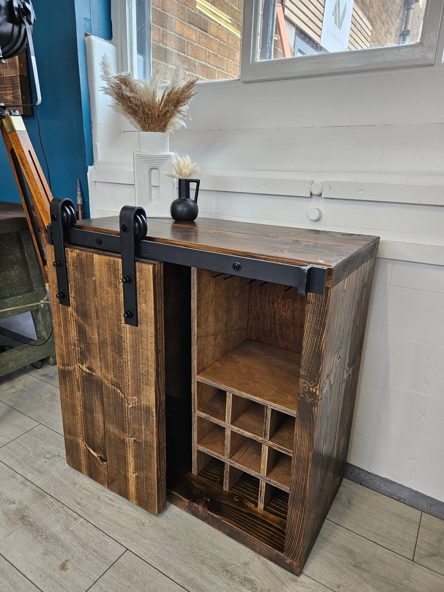 Industrial Drinks Cabinet with Barn-Style Door – Solid Wood & Metal - DK Fabrications