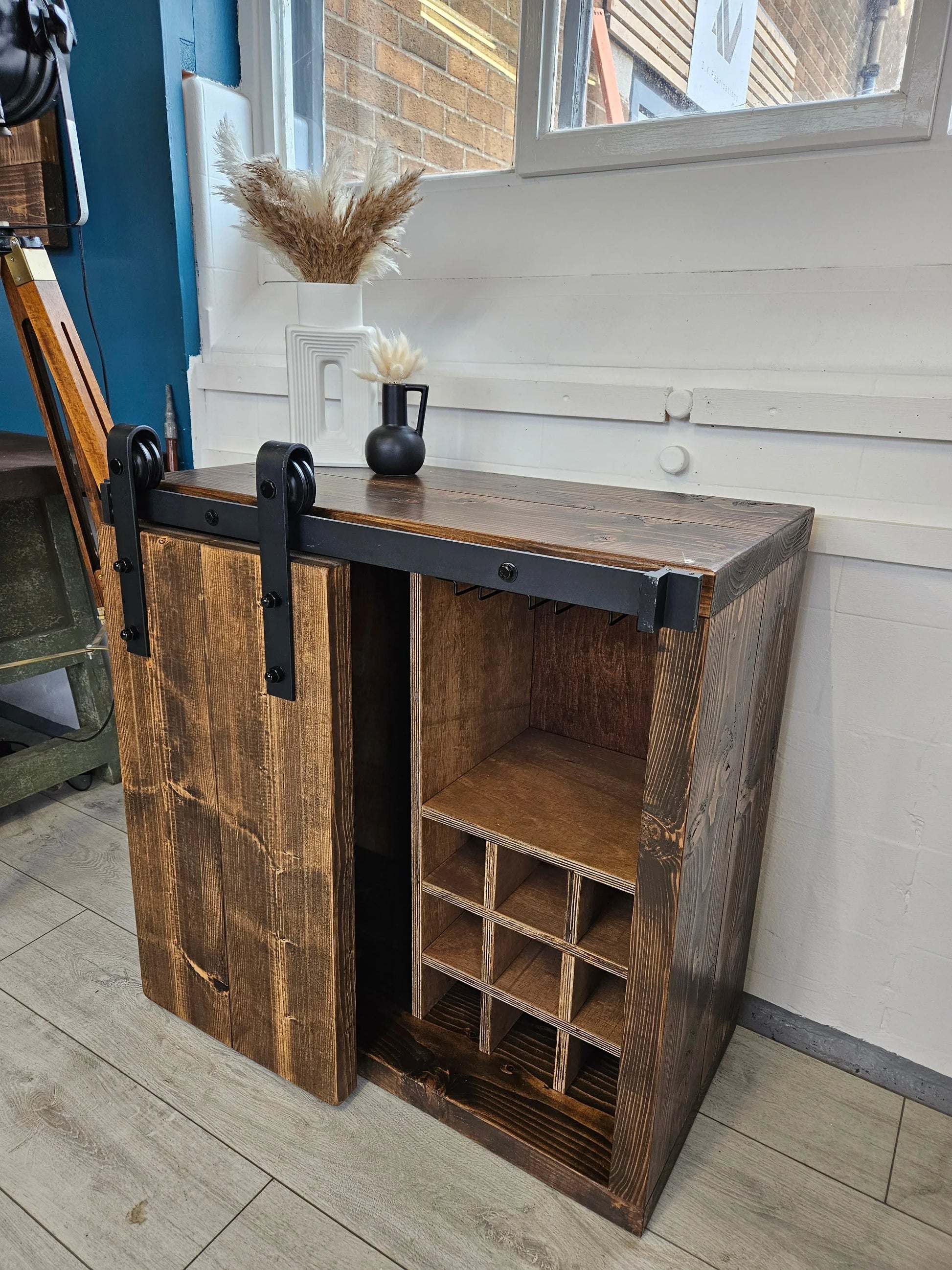 Industrial Drinks Cabinet with Barn-Style Door – Solid Wood & Metal - DK Fabrications