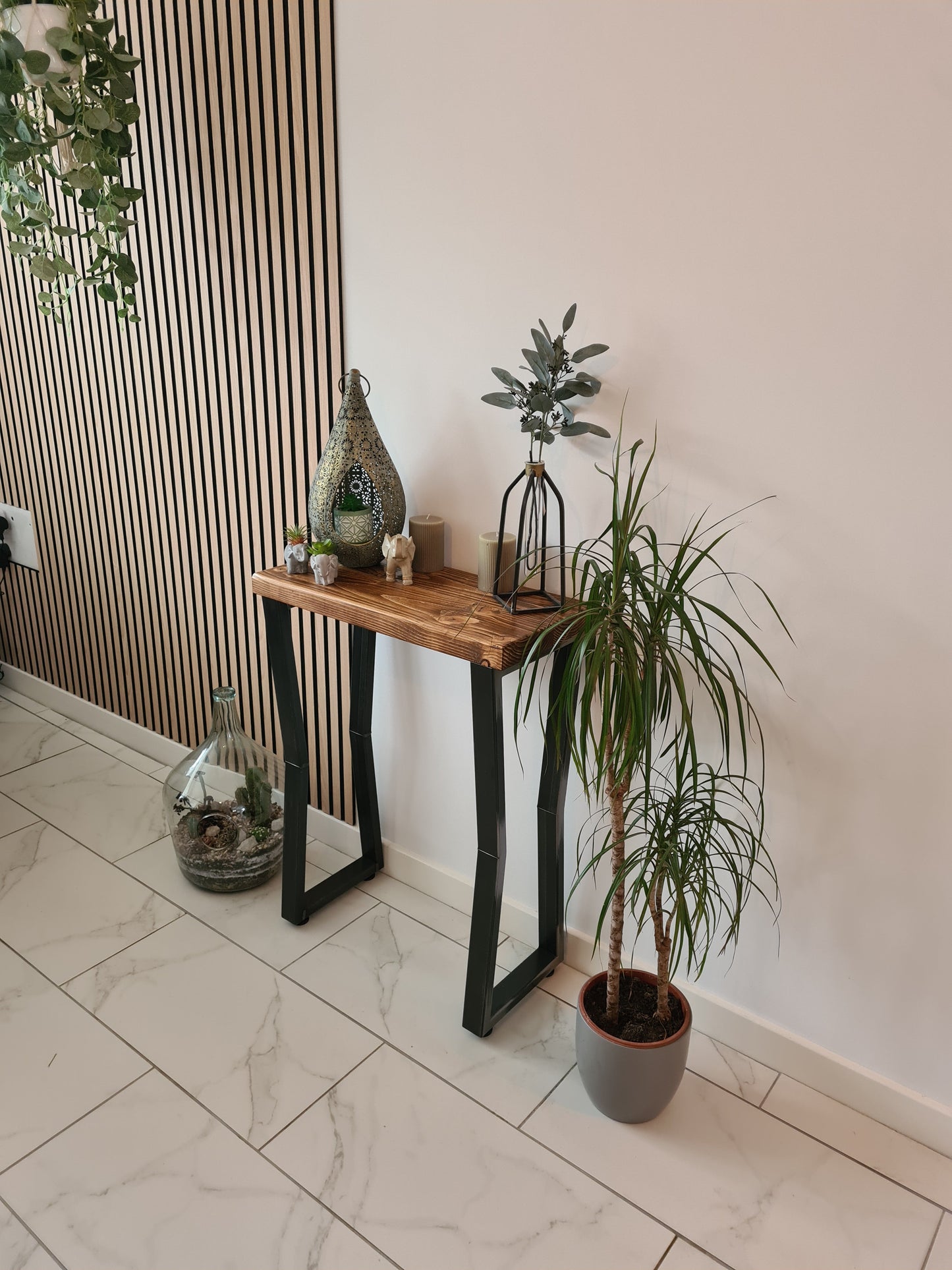 Industrial rustic console table with solid wood top and metal frame