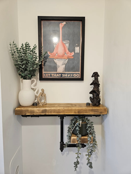 Rustic 2-tier shelving unit with wood shelves and metal frame

