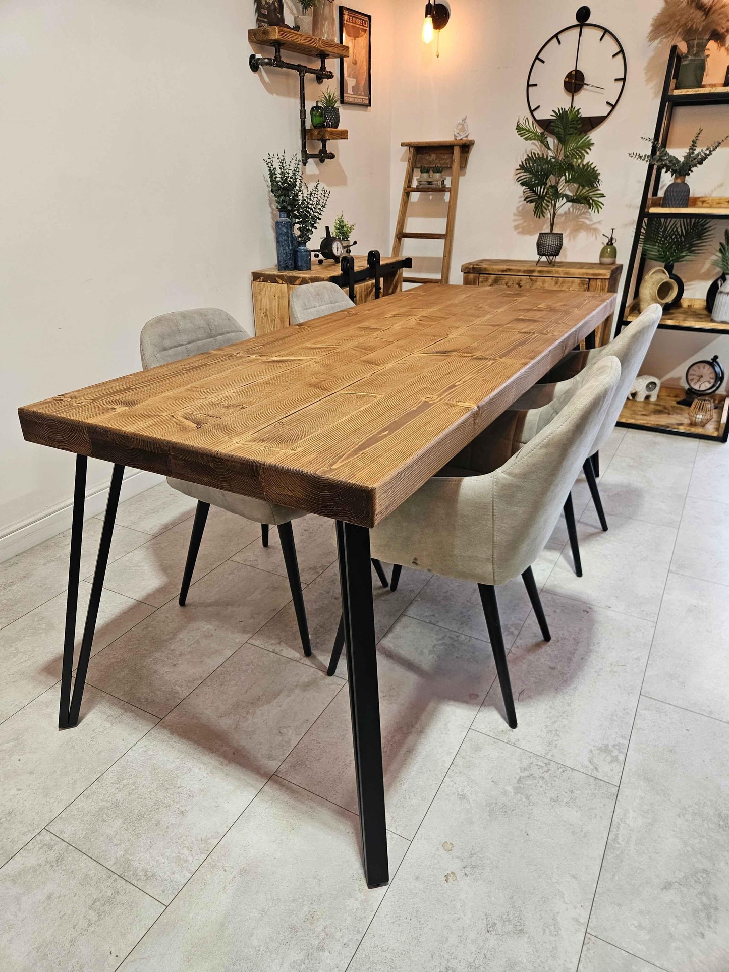 Solid Wood Hairpin Dining Table – Rustic Industrial Style - DK Fabrications