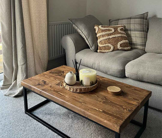 Handmade industrial coffee table with wooden top and metal frame