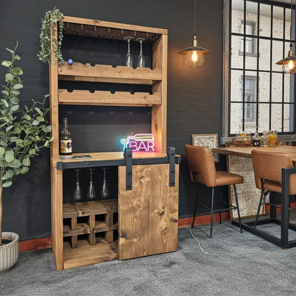 Industrial Drinks Cabinet – Handmade Solid Wood & Steel Bar Cabinet - DK Fabrications