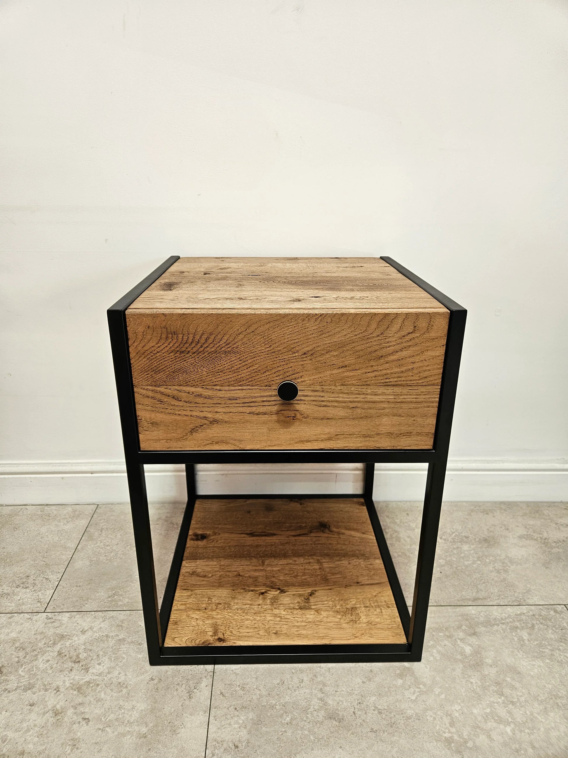 Solid Oak Bedside Table – Handmade Industrial Oak Nightstand - DK Fabrications
