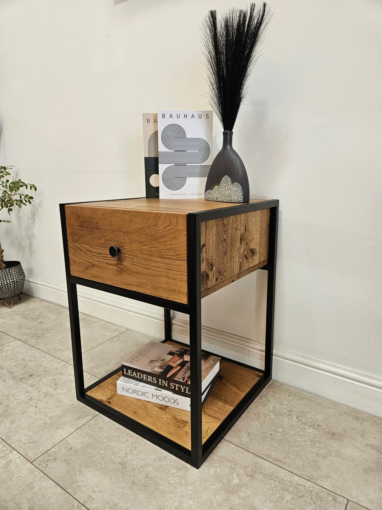 Solid Oak Bedside Table – Handmade Industrial Oak Nightstand - DK Fabrications