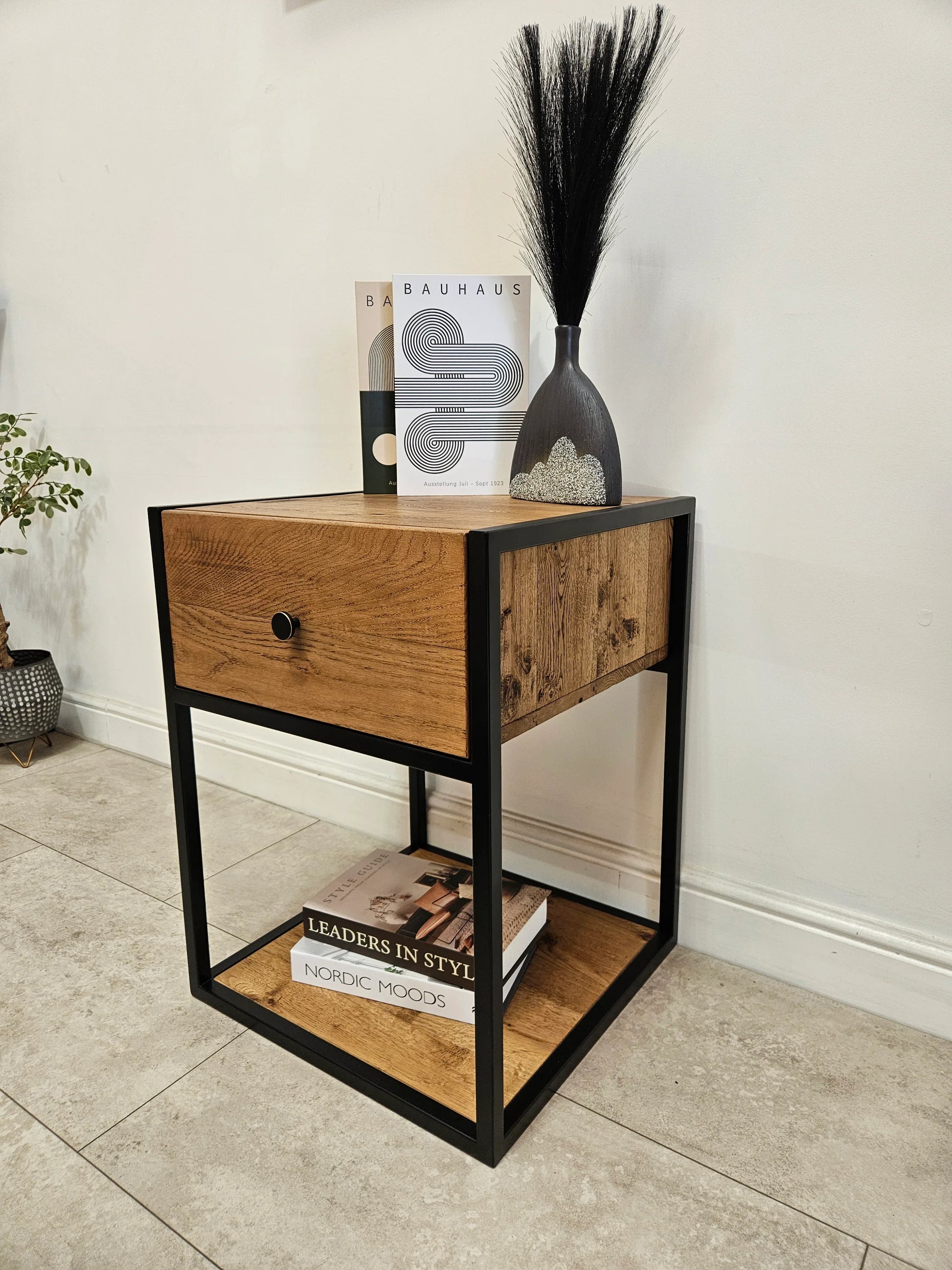 Solid Oak Bedside Table – Handmade Industrial Oak Nightstand - DK Fabrications