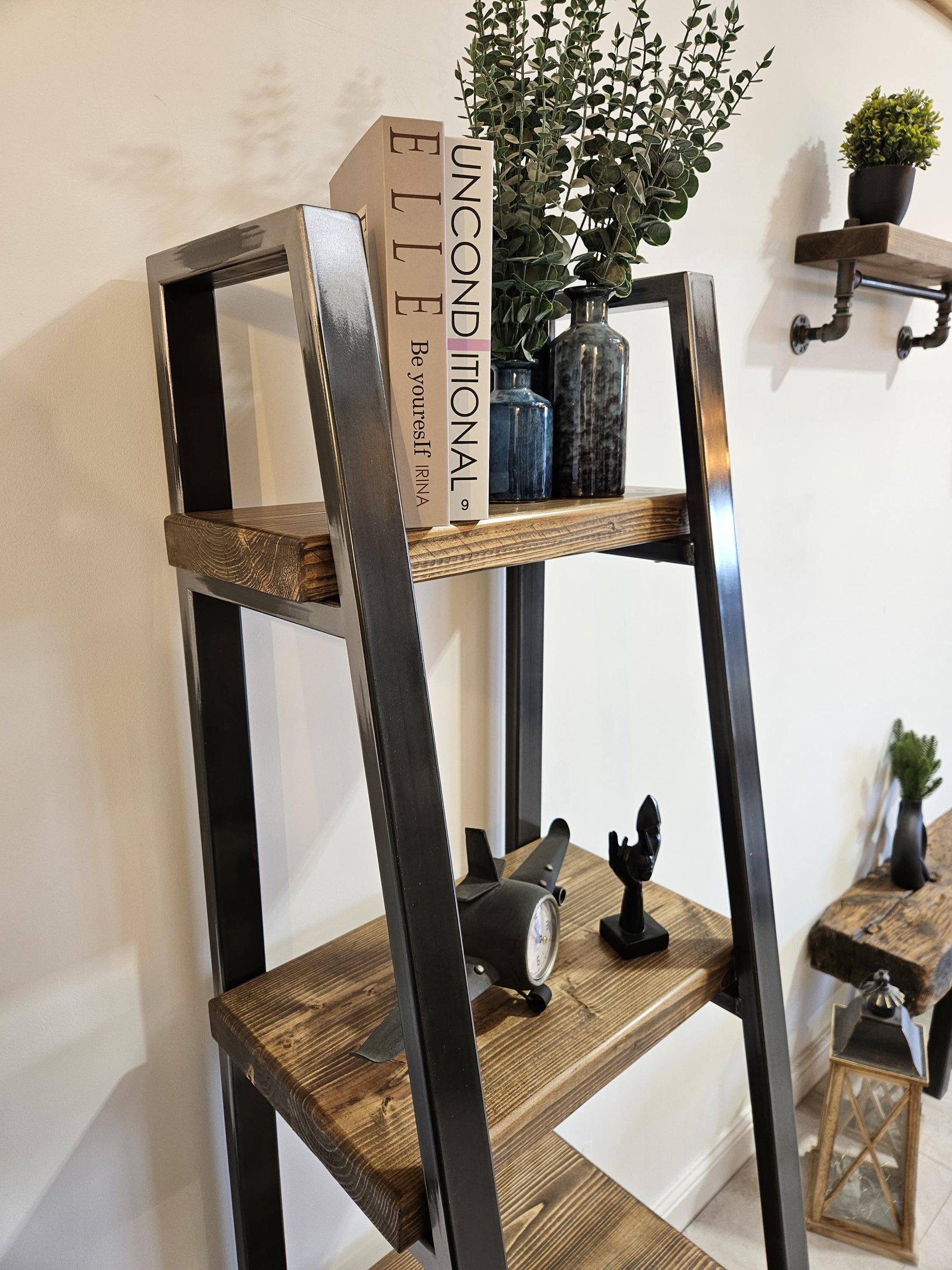 Ladder bookshelf industrial rustic handmade