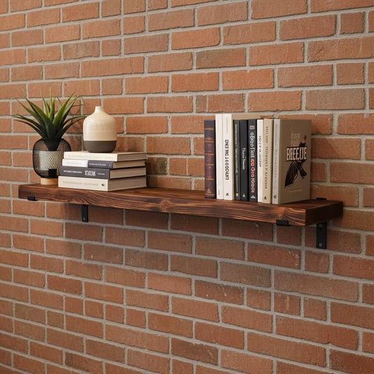 Industrial Rustic Wall Shelf with Metal Brackets – Solid Wood
