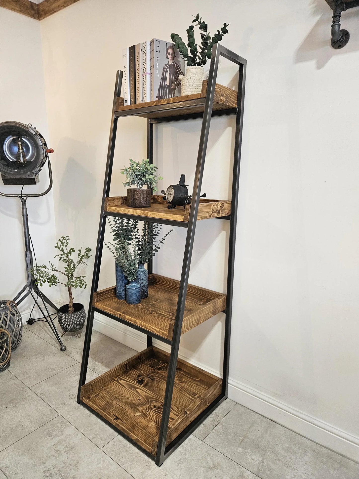 Industrial Bookshelf – Metal & Wood Ladder Shelf for Storage & Display - DK Fabrications