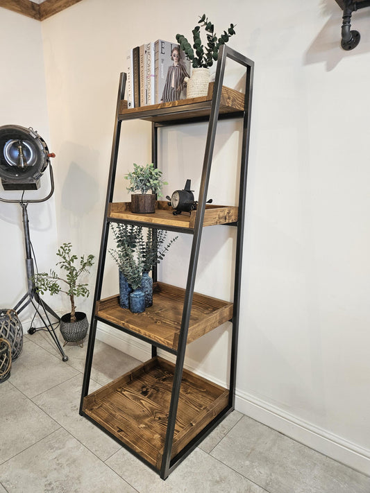 Industrial bookshelf with metal frame and wooden shelves for living room