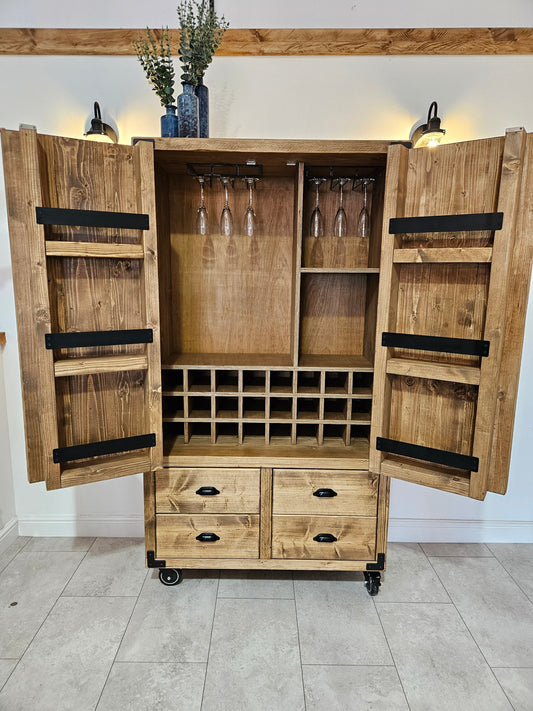 Industrial drinks cabinet with metal frame and tall storage