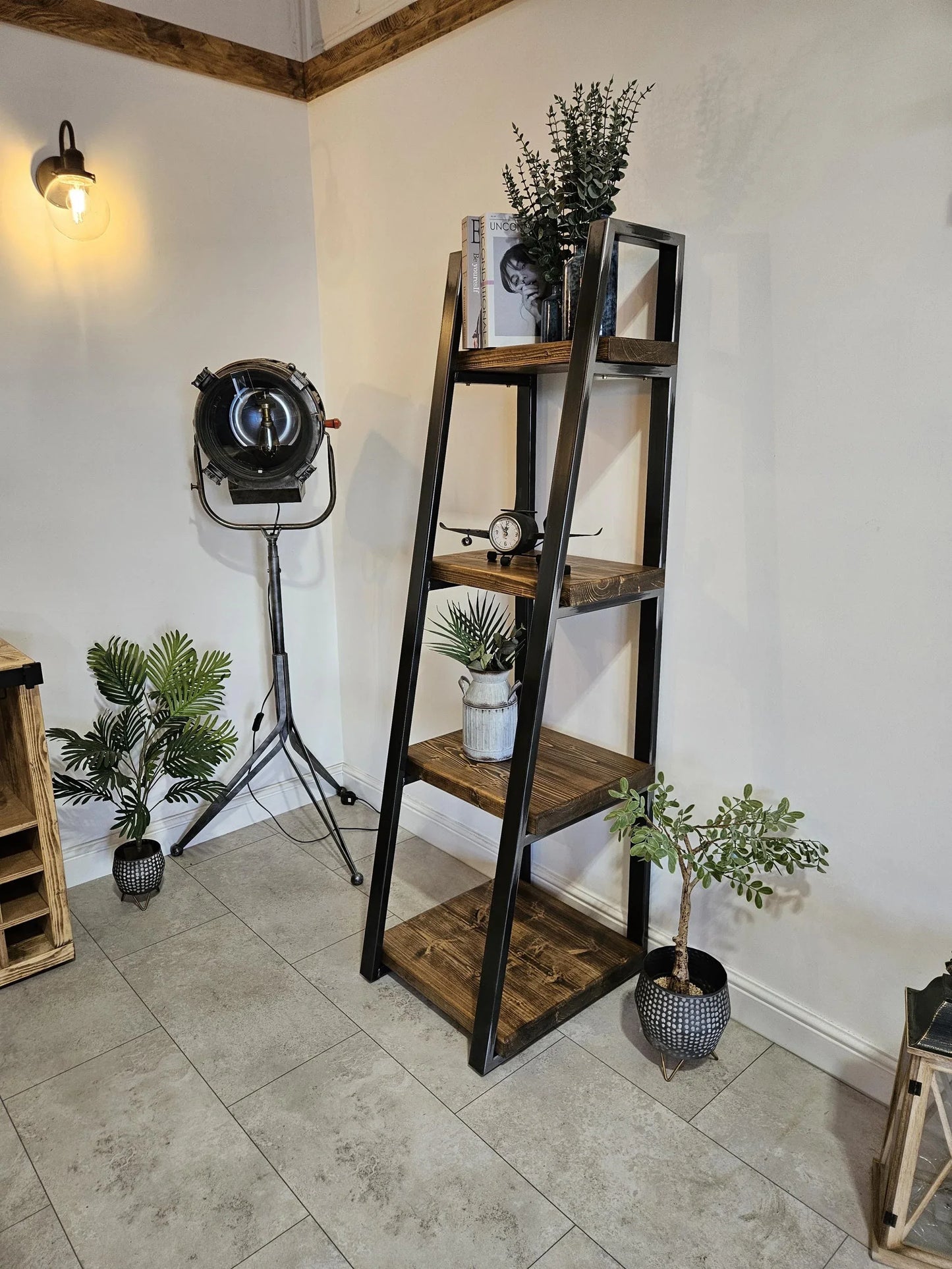Ladder Bookshelf – Industrial Ladder Shelf for Storage & Display - DK Fabrications