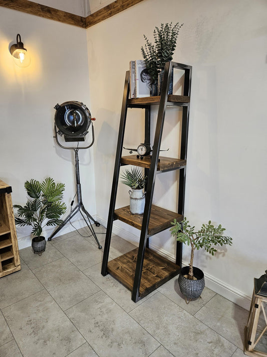 Industrial ladder bookshelf with tall metal frame for living room

