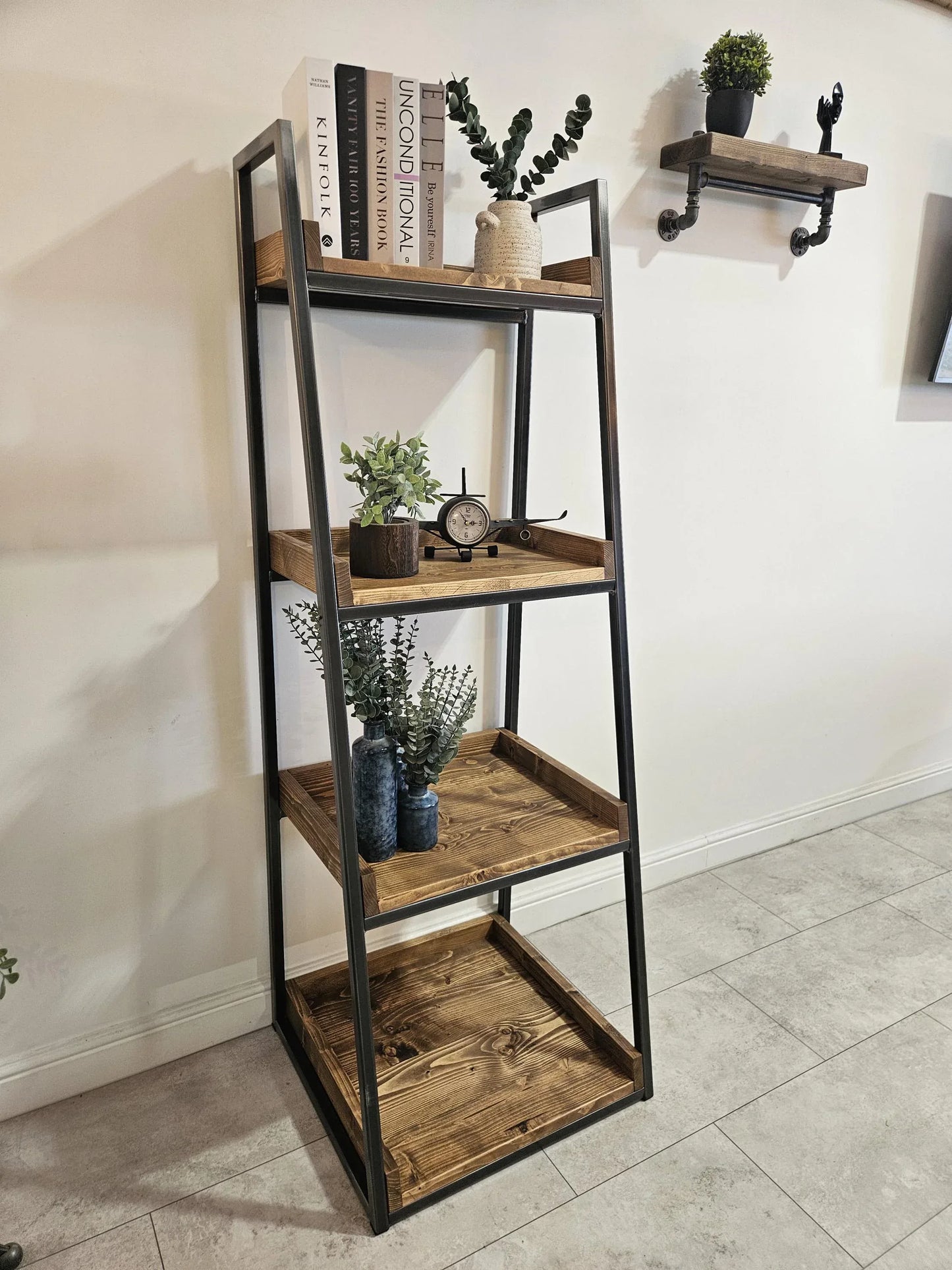 Industrial Bookshelf – Metal & Wood Ladder Shelf for Storage & Display - DK Fabrications
