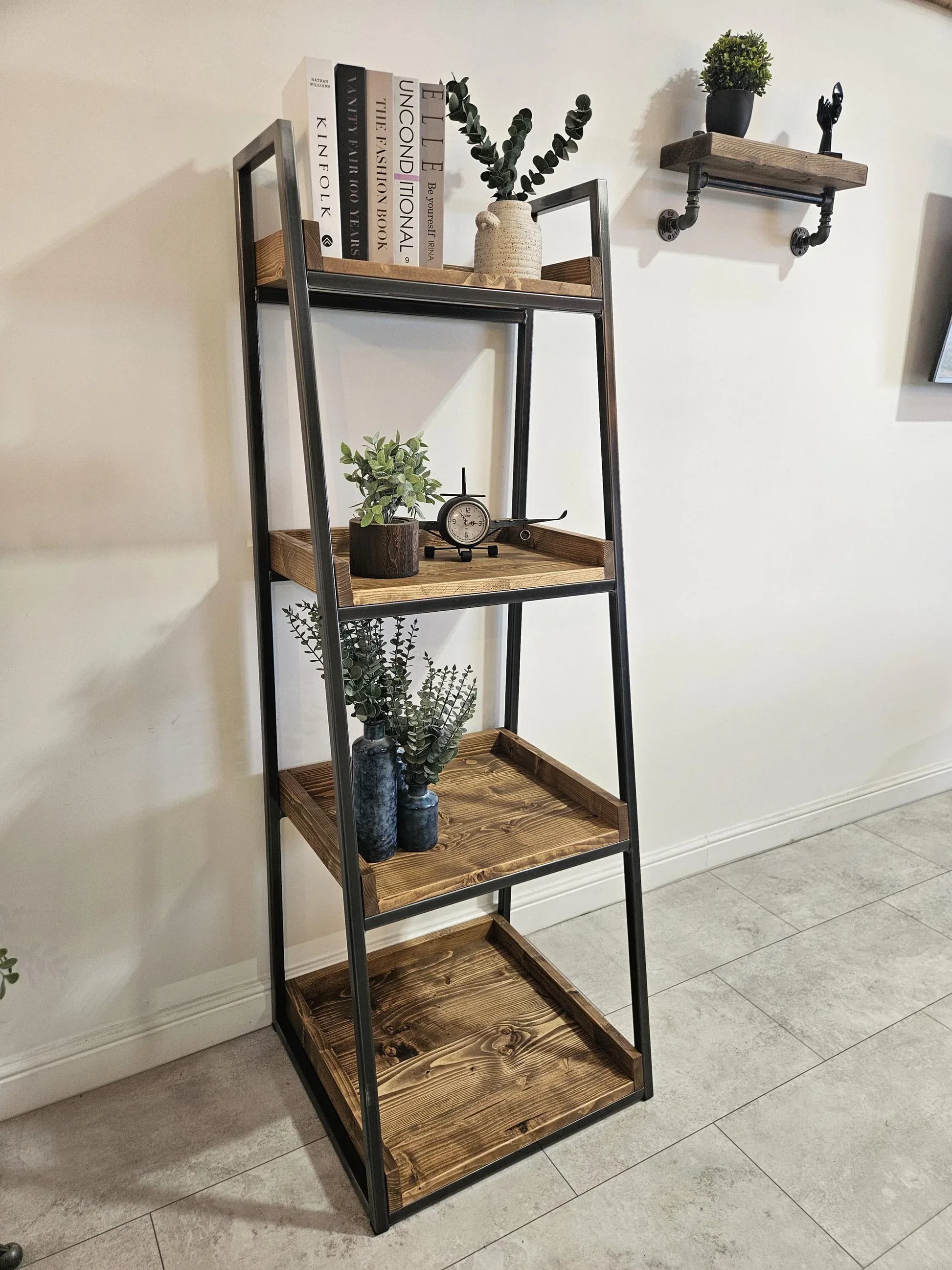 Industrial Bookshelf – Metal & Wood Ladder Shelf for Storage & Display - DK Fabrications