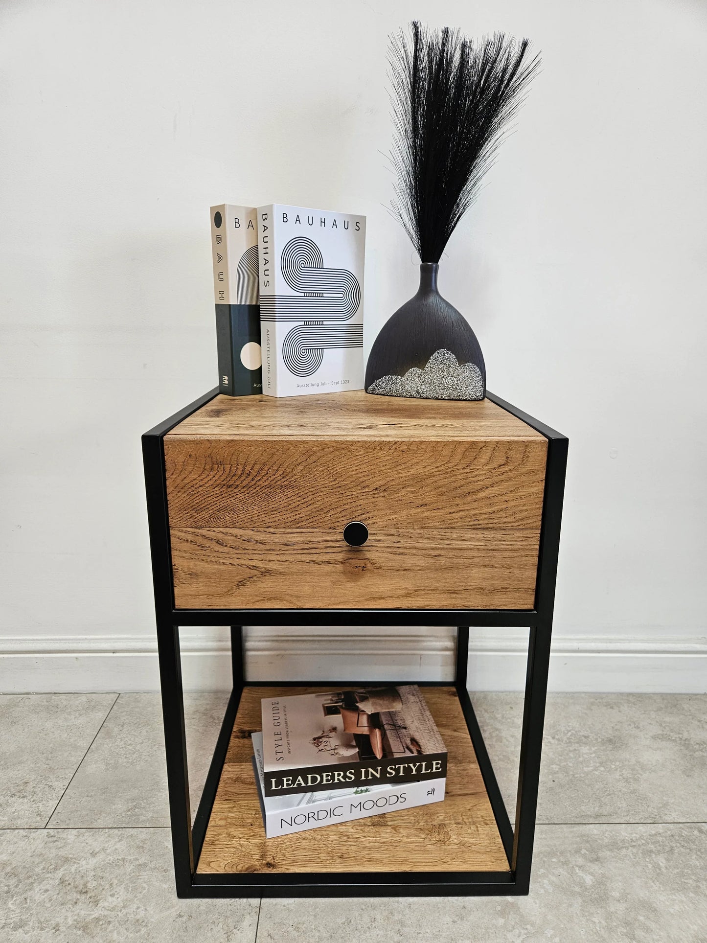 Solid Oak Bedside Table – Handmade Industrial Oak Nightstand - DK Fabrications