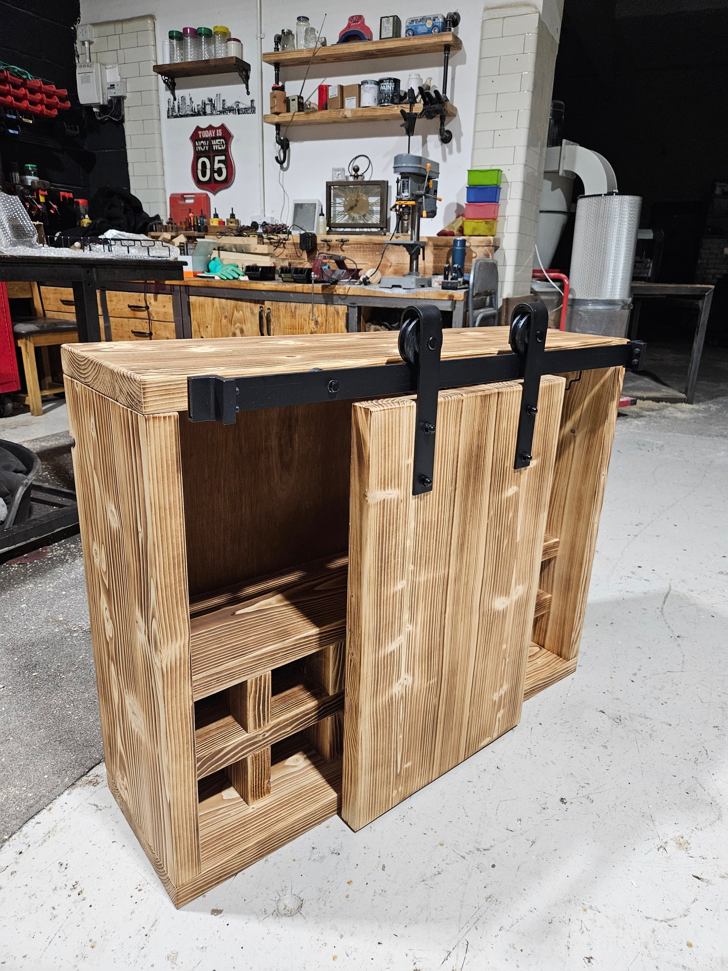 Industrial Drinks Cabinet with Barn-Style Door – Solid Wood & Metal